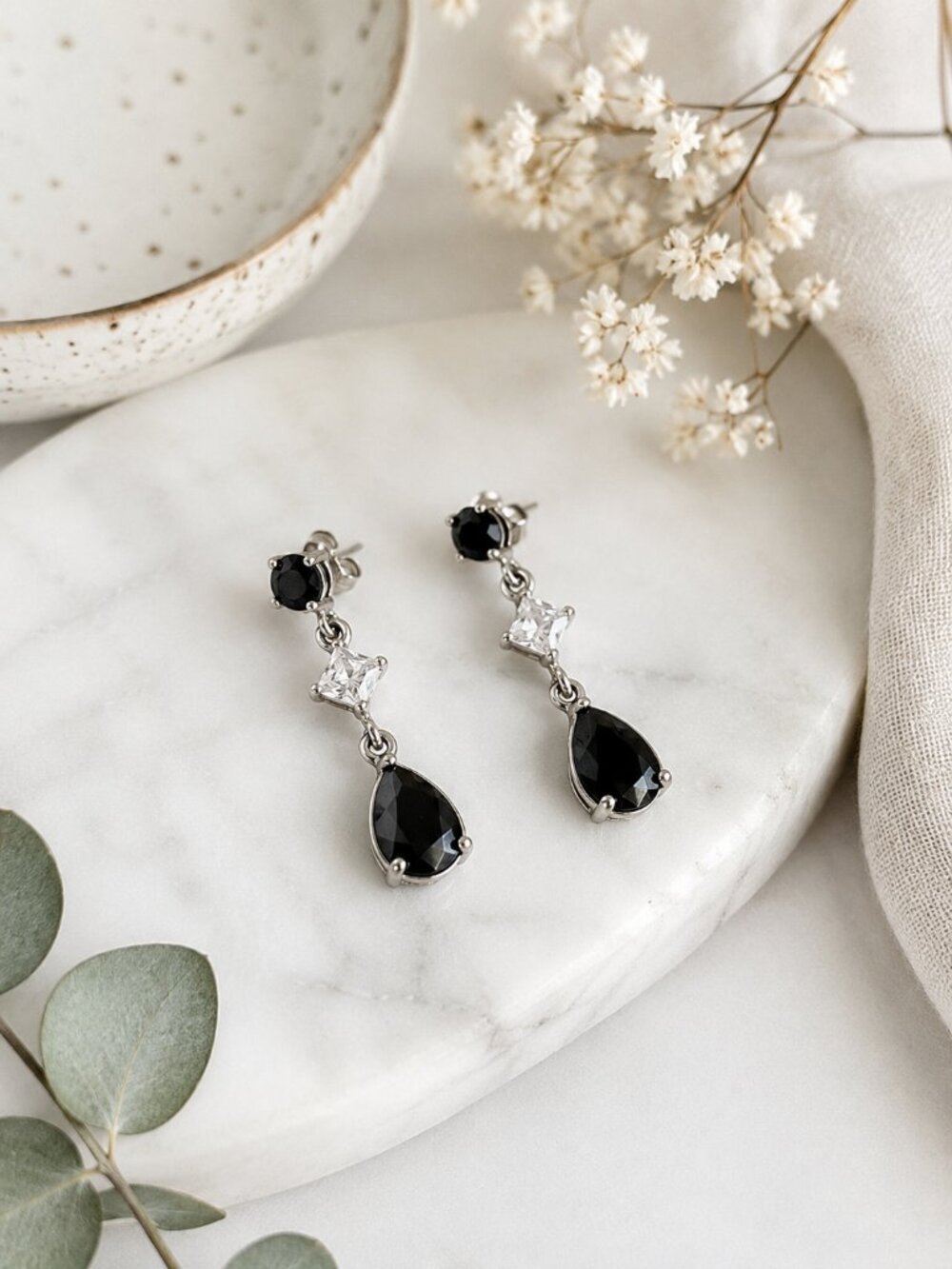925 Sterling Silver Black Clear CZ Teardrop Dangle Earrings Pear Drop